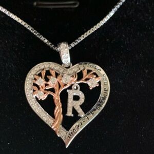 Tree of Life Heart Pendant Necklace with Initial 'R'